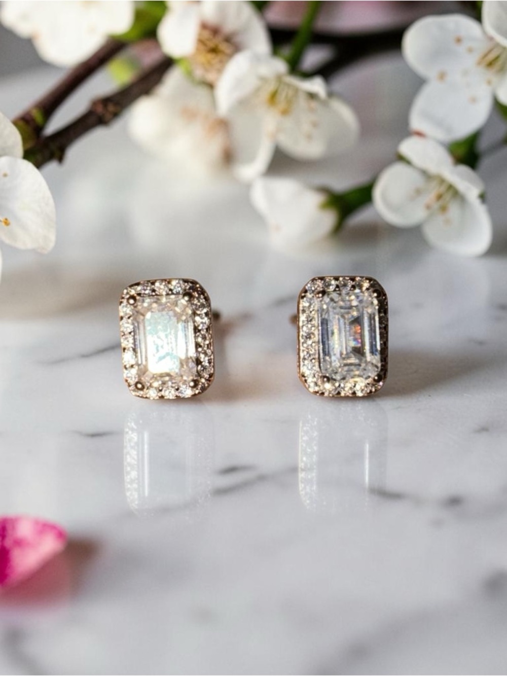 Emerald cut halo stud earrings Solid sterling silver 1.80 carat moissanite